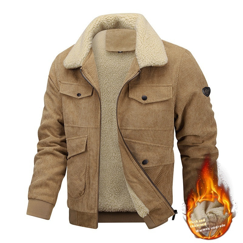 Winter Lapel Fleece Jacket With Pockets Warm Thicken Cotton Coat Men&