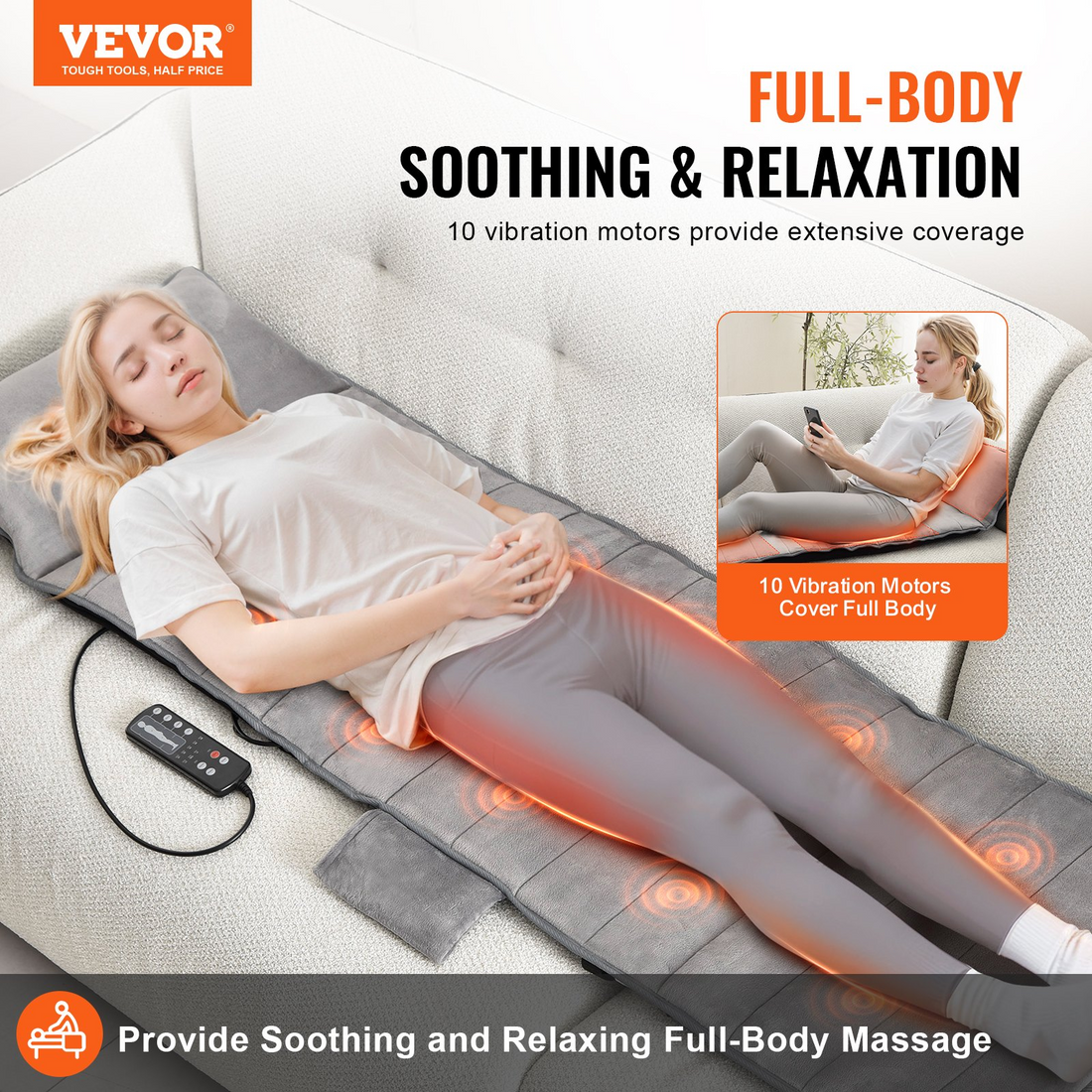 VEVOR Full-Body Massage Cushion with Heat, 10 Vibration Motor Massage Cushion Pad, Heating Vibrating Massage Mat &amp; 5 Modes, 3 Intensities, 3 Heating Pads, Fatigue Relief Back Massager for Home Office