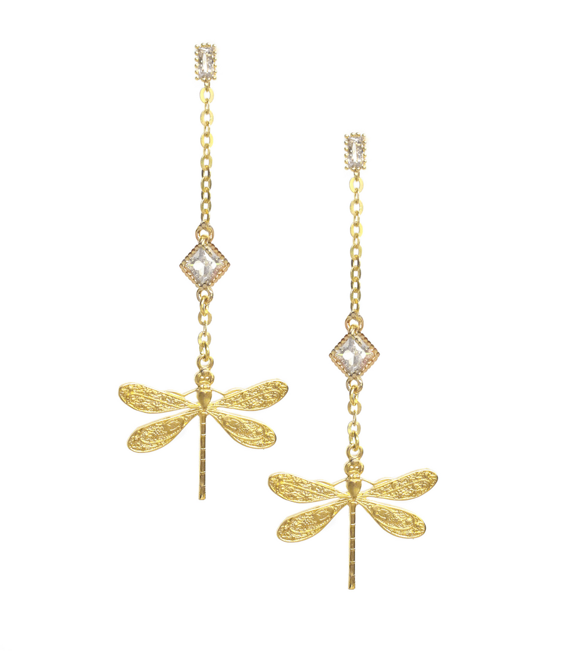 18K gold plated dragonfly and diamond-cut crystal stud earrings