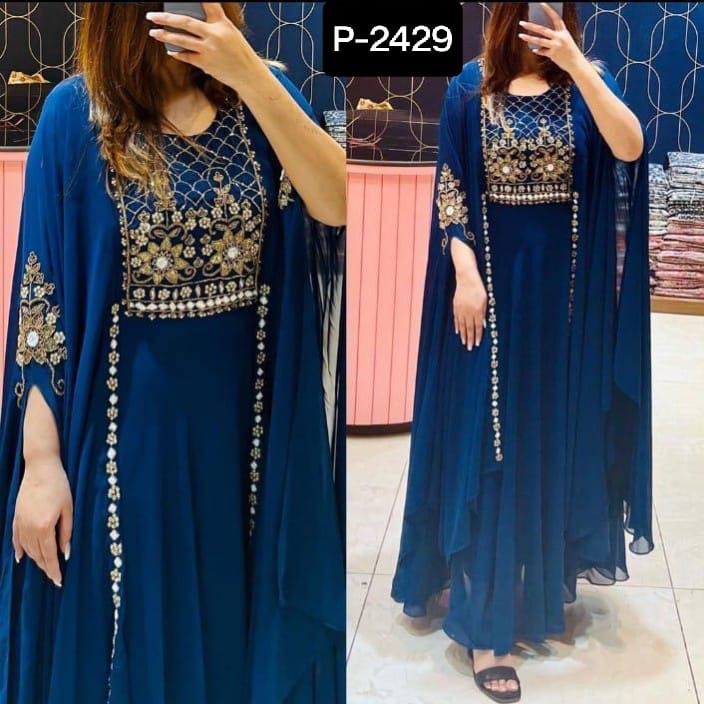 Elegant Navy Blue Embroidered Cape Gown