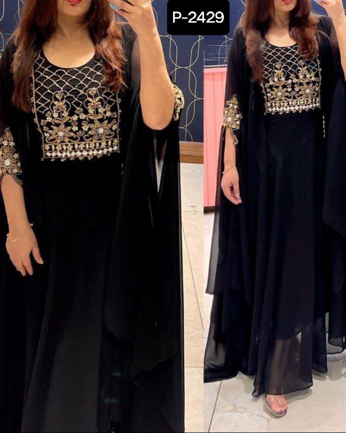 Elegant Navy Blue Embroidered Cape Gown