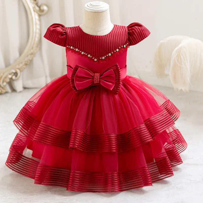 HETISO Striped Girls Wedding Party Dresses Baby Christams Holiday Layered Gown Toddler Kids Beading Clothes 6M-4 Years