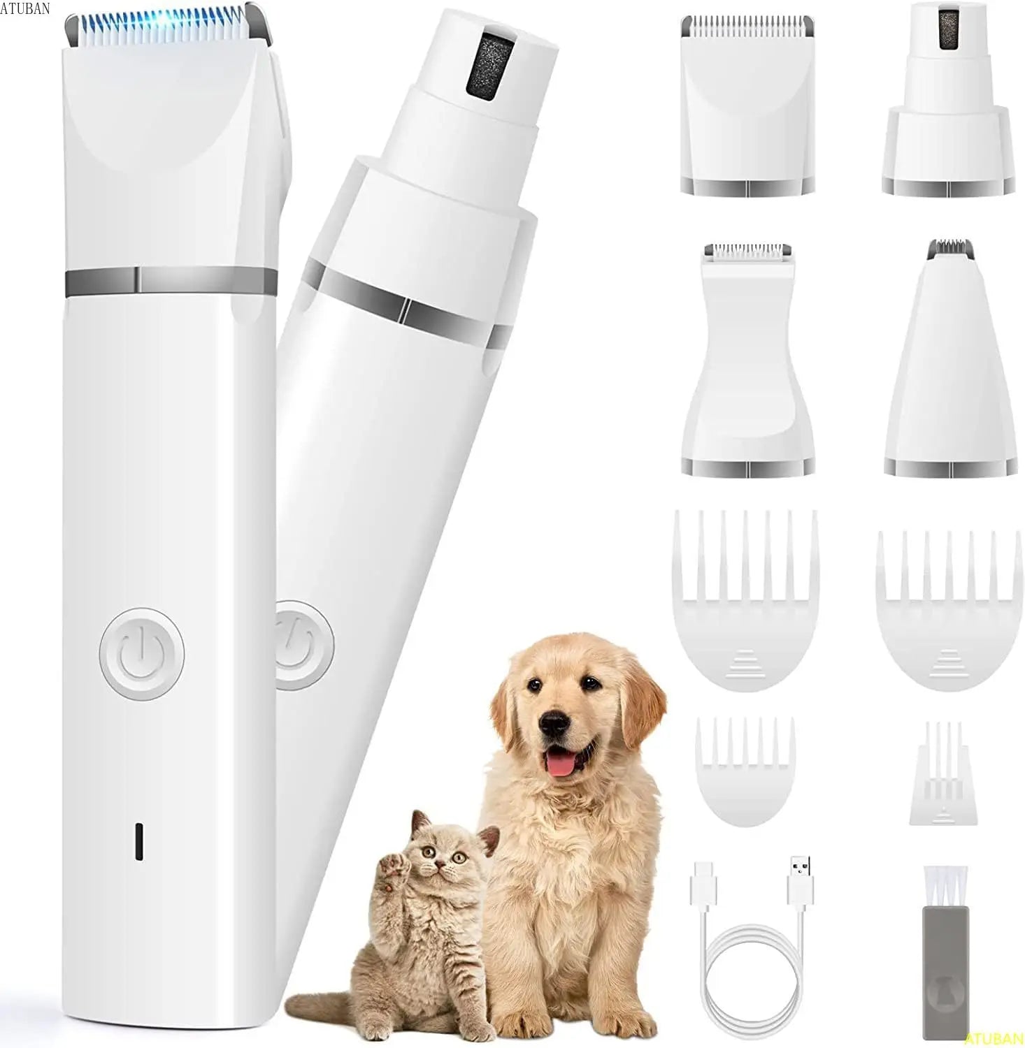 ATUBAN Dog Clippers Grooming Kit Hair Clipper-Low Noise Paw Trimmer-Cordless Quiet Nail Grinder Shaver for Cats and Other Pets