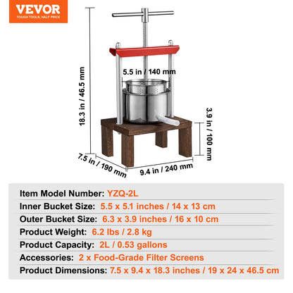 VEVOR 2L Orange Juicer Extractor Stainless Steel Household Manual Squeezer Fruit Tincture Wine Olive Pressing Kitchen Machine